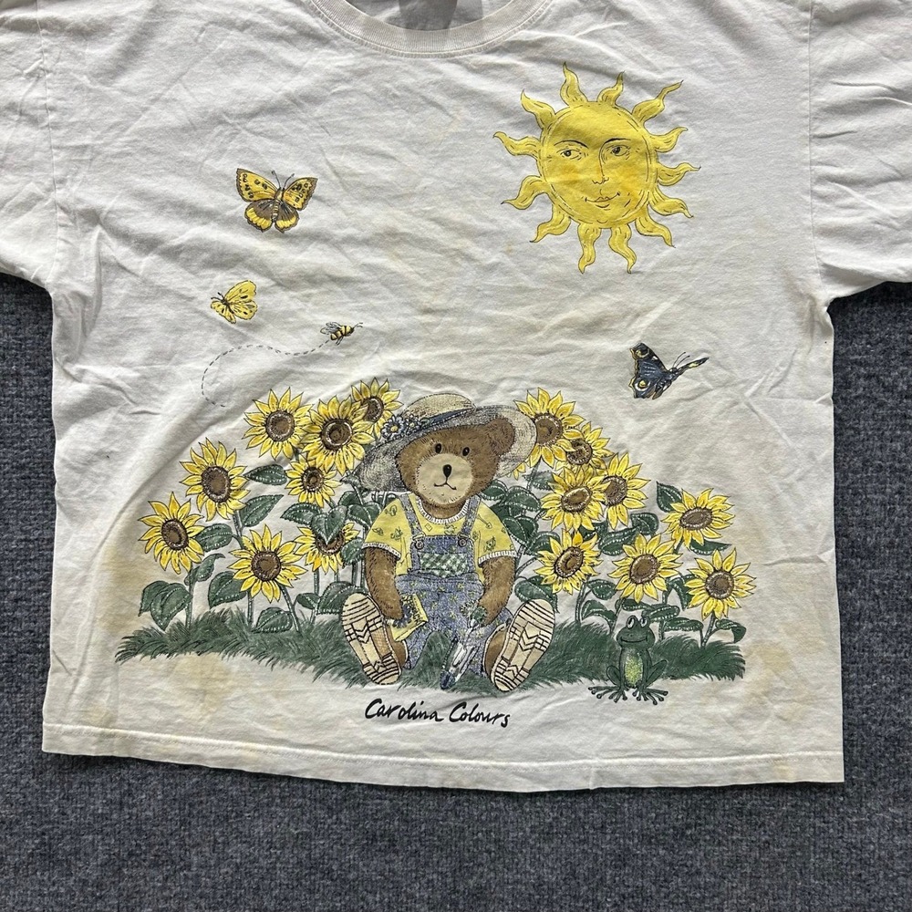 Carolina Colours T-Shirt Womens Size L Cream Sunflower Teddy Bear Nature Graphic